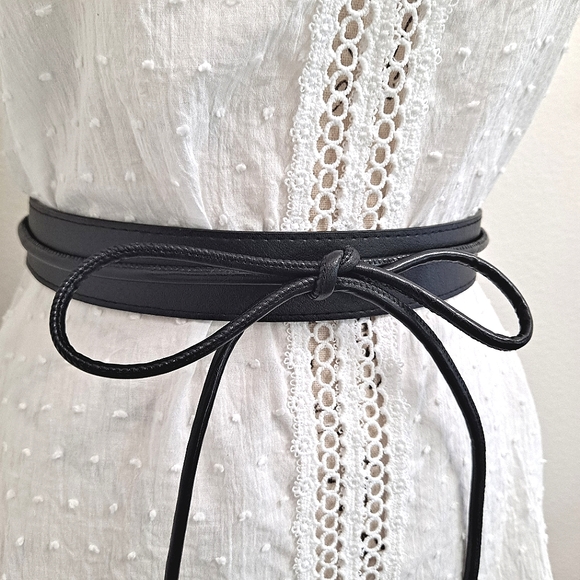 Skinny black boho faux leather waist Obi self tie vegan wrap statement belt - Picture 10 of 15